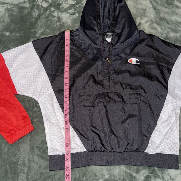 Champion Windbreaker Track Jacket Women's Large Red Black Kangaroo Pocket Hooded - Picture 6 of 10